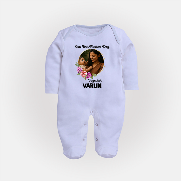 Our First Mother’s Day Together Personalized Baby FULL BODY SUIT – Custom Photo & Name Outfit - BABY BLUE - New Born (Chest 7.5")