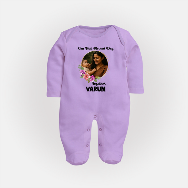 Our First Mother’s Day Together Personalized Baby FULL BODY SUIT – Custom Photo & Name Outfit - LILAC - New Born (Chest 7.5")