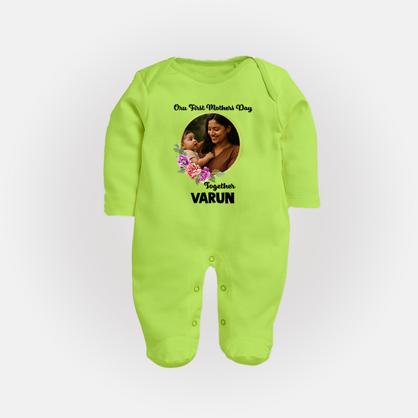 Our First Mother’s Day Together Personalized Baby FULL BODY SUIT – Custom Photo & Name Outfit - LIME GREEN - New Born (Chest 7.5")