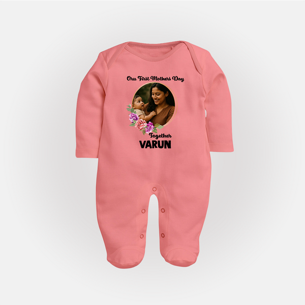 Our First Mother’s Day Together Personalized Baby FULL BODY SUIT – Custom Photo & Name Outfit - PEACH - New Born (Chest 7.5")