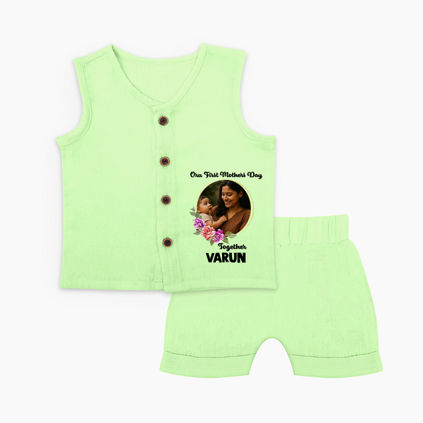 Our First Mother’s Day Together Personalized Baby Jabla Set – Custom Photo & Name Outfit - PASTEL GREEN - 0 - 3 Months Old (Chest 9.8")