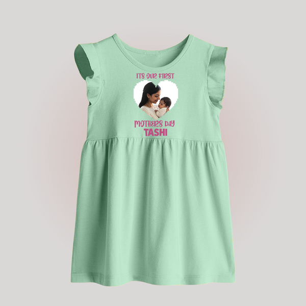 It’s Our First Mother’s Day Personalized Baby BABY FROCK – Custom Name & Photo Outfit - MINT GREEN - 0 - 3 Months Old (Chest 17")