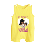 It’s Our First Mother’s Day Personalized Baby BUTTON ROMPERSet – Custom Name & Photo Outfit - PASTEL YELLOW - New Born (Chest 18")