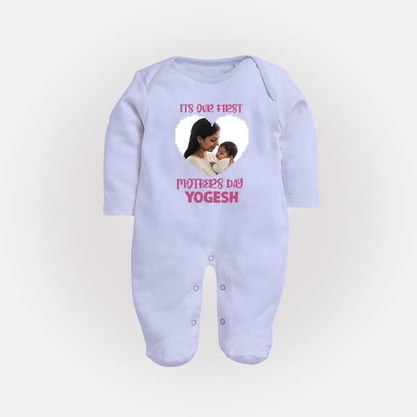 It’s Our First Mother’s Day Personalized Baby FULL BODY SUIT – Custom Name & Photo Outfit - BABY BLUE - New Born (Chest 7.5")