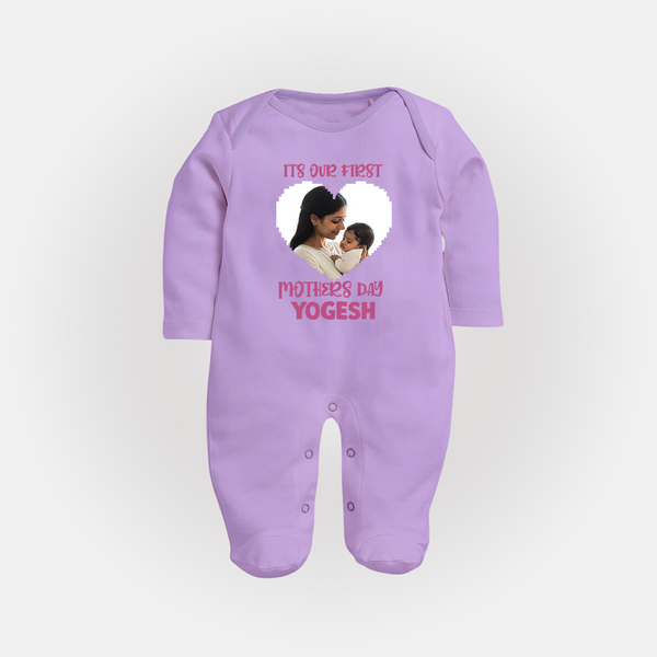 It’s Our First Mother’s Day Personalized Baby FULL BODY SUIT – Custom Name & Photo Outfit - LILAC - New Born (Chest 7.5")