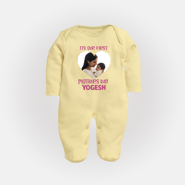 It’s Our First Mother’s Day Personalized Baby FULL BODY SUIT – Custom Name & Photo Outfit - PASTEL YELLOW - New Born (Chest 7.5")
