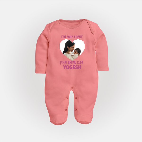 It’s Our First Mother’s Day Personalized Baby FULL BODY SUIT – Custom Name & Photo Outfit - PEACH - New Born (Chest 7.5")