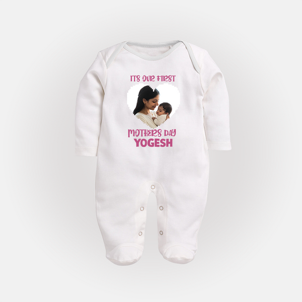 It’s Our First Mother’s Day Personalized Baby FULL BODY SUIT – Custom Name & Photo Outfit - WHITE - New Born (Chest 7.5")