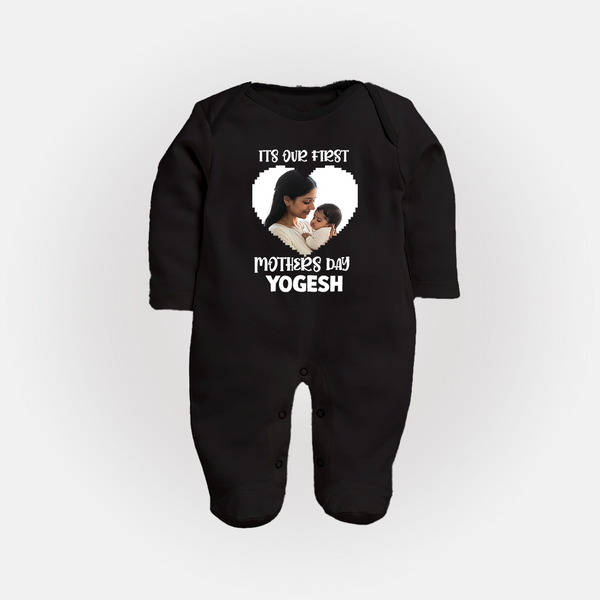 It’s Our First Mother’s Day Personalized Baby FULL BODY SUIT – Custom Name & Photo Outfit - BLACK - New Born (Chest 7.5")