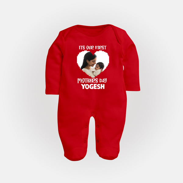 It’s Our First Mother’s Day Personalized Baby FULL BODY SUIT – Custom Name & Photo Outfit - RED - New Born (Chest 7.5")