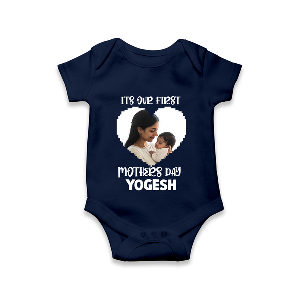 It’s Our First Mother’s Day Personalized Baby ROMPER Set – Custom Name & Photo Outfit - NAVY BLUE - New Born (Chest 14")