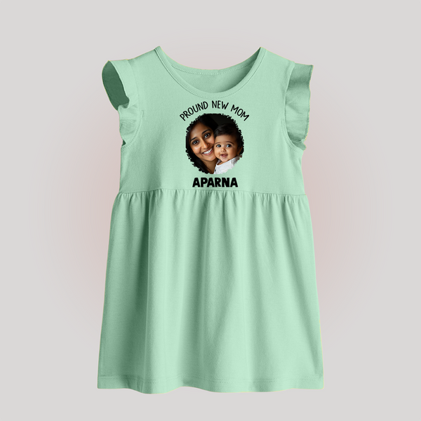 Proud New Mom Personalized Baby BABY FROCK – Custom Photo & Name Outfit - MINT GREEN - 0 - 3 Months Old (Chest 17")