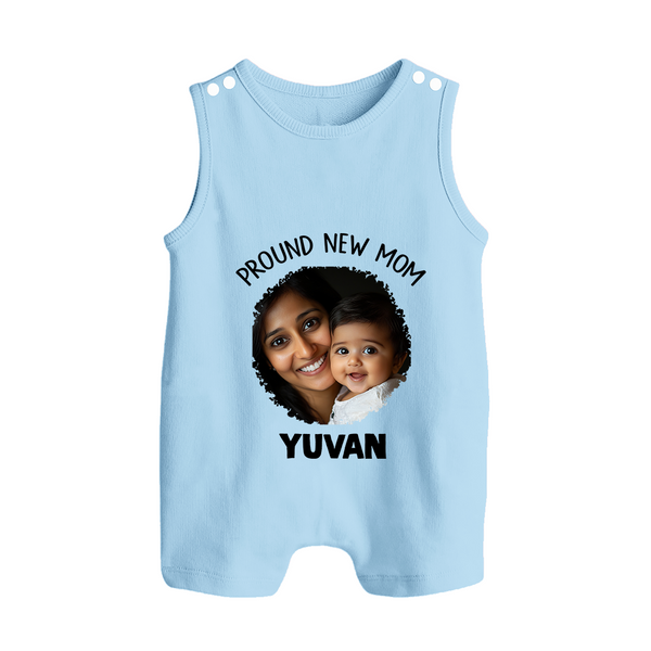 Proud New Mom Personalized Baby BUTTON ROMPERSet – Custom Photo & Name Outfit - BABY BLUE - New Born (Chest 18")