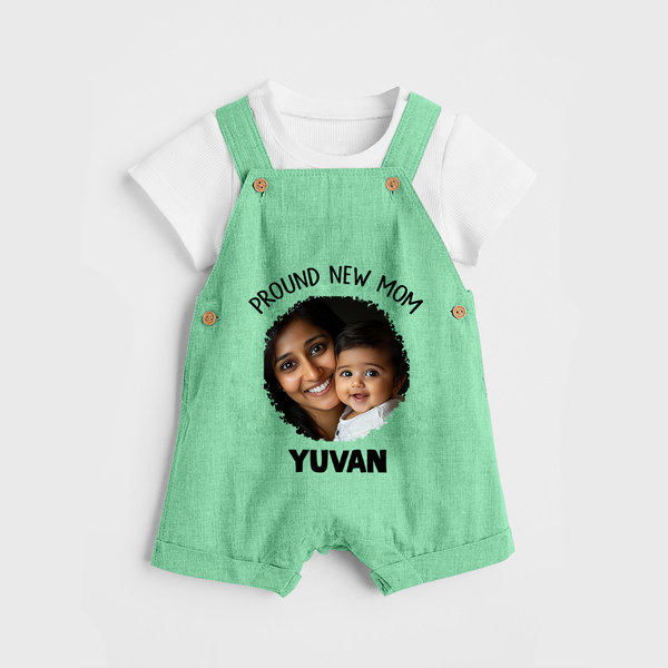 Proud New Mom Personalized Baby DUNGAREESet – Custom Photo & Name Outfit - GREEN - 0 - 5 Months Old (Chest 18")