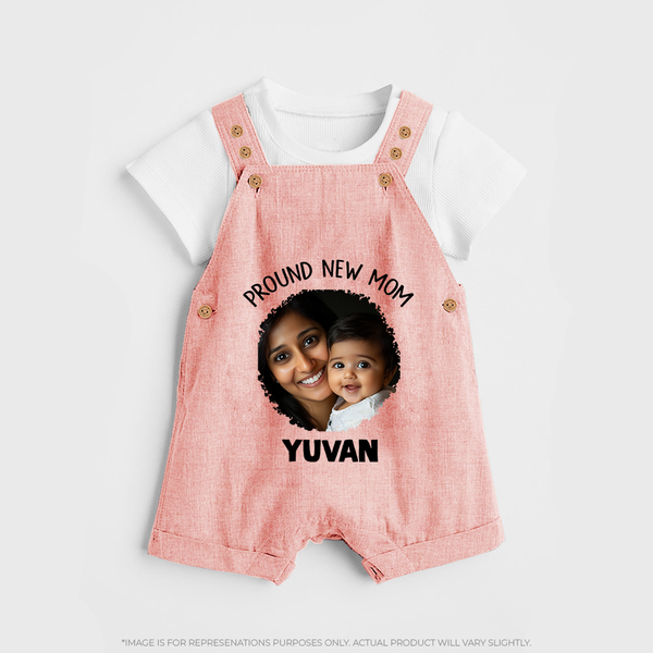 Proud New Mom Personalized Baby DUNGAREESet – Custom Photo & Name Outfit - PEACH - 0 - 5 Months Old (Chest 18")