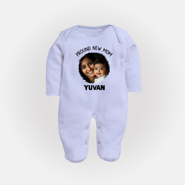 Proud New Mom Personalized Baby FULL BODY SUIT – Custom Photo & Name Outfit - BABY BLUE - New Born (Chest 7.5")