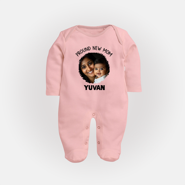 Proud New Mom Personalized Baby FULL BODY SUIT – Custom Photo & Name Outfit - BABY PINK - New Born (Chest 7.5")