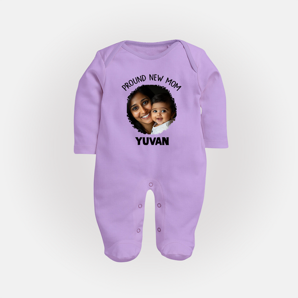 Proud New Mom Personalized Baby FULL BODY SUIT – Custom Photo & Name Outfit - LILAC - New Born (Chest 7.5")