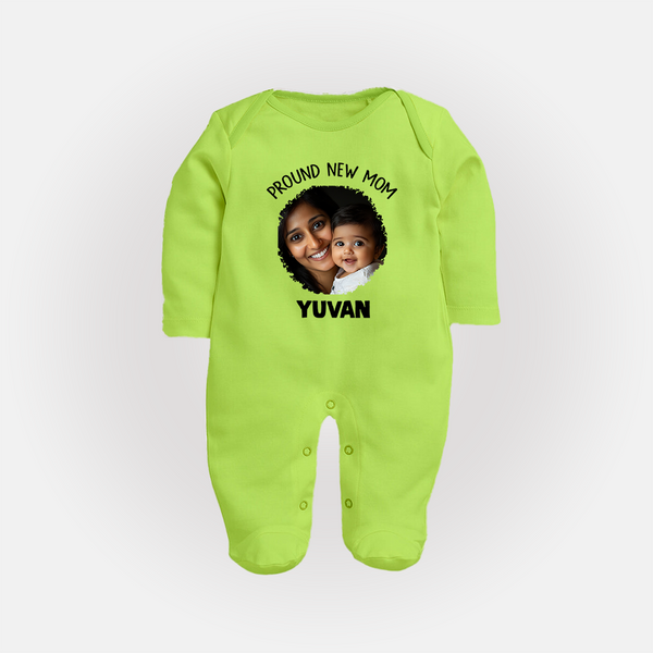 Proud New Mom Personalized Baby FULL BODY SUIT – Custom Photo & Name Outfit - LIME GREEN - New Born (Chest 7.5")
