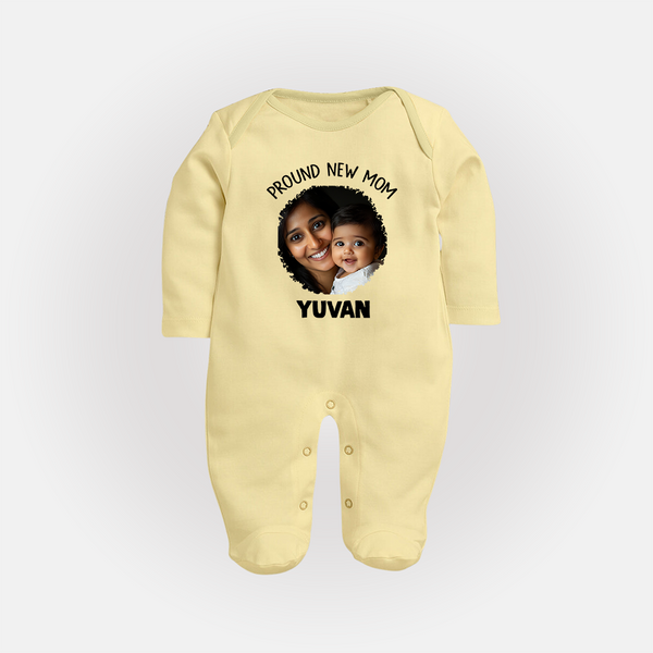 Proud New Mom Personalized Baby FULL BODY SUIT – Custom Photo & Name Outfit - PASTEL YELLOW - New Born (Chest 7.5")