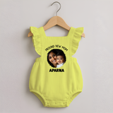 Proud New Mom Personalized Baby ROMPER FROCK – Custom Photo & Name Outfit - PASTEL YELLOW - 0 - 3 Months Old (Chest 19")