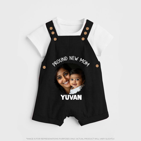 Proud New Mom Personalized Baby DUNGAREESet – Custom Photo & Name Outfit - BLACK - 0 - 5 Months Old (Chest 18")