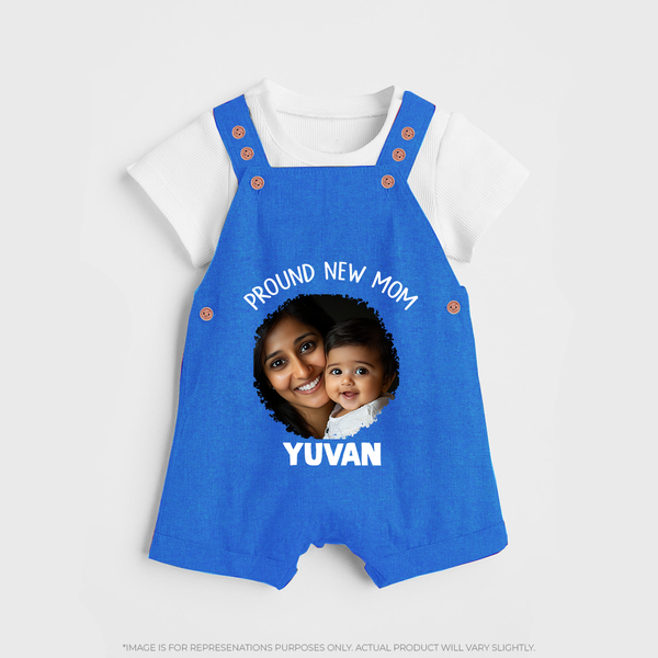 Proud New Mom Personalized Baby DUNGAREESet – Custom Photo & Name Outfit - COBALT BLUE - 0 - 5 Months Old (Chest 18")