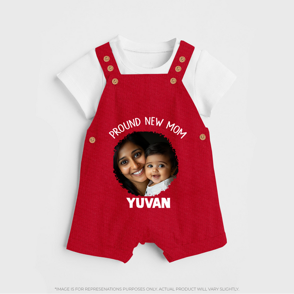 Proud New Mom Personalized Baby DUNGAREESet – Custom Photo & Name Outfit - RED - 0 - 5 Months Old (Chest 18")