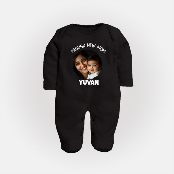 Proud New Mom Personalized Baby FULL BODY SUIT – Custom Photo & Name Outfit - BLACK - New Born (Chest 7.5")