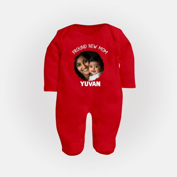 Proud New Mom Personalized Baby FULL BODY SUIT – Custom Photo & Name Outfit - RED - New Born (Chest 7.5")