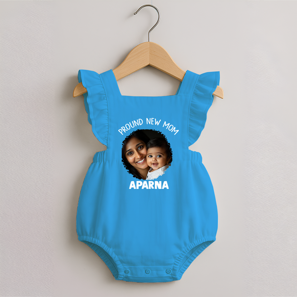 Proud New Mom Personalized Baby ROMPER FROCK – Custom Photo & Name Outfit - SKY BLUE - 0 - 3 Months Old (Chest 19")