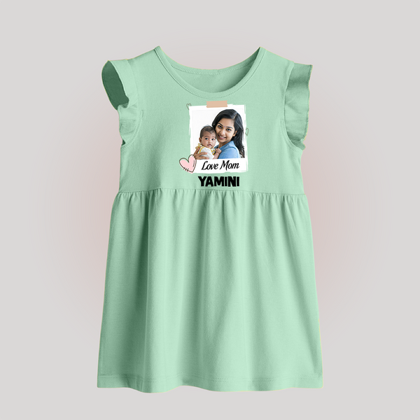 Love Mom Personalized Baby BABY FROCK – Polaroid Style Custom Photo & Name Outfit - MINT GREEN - 0 - 3 Months Old (Chest 17")