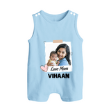 Love Mom Personalized Baby BUTTON ROMPERSet – Polaroid Style Custom Photo & Name Outfit - BABY BLUE - New Born (Chest 18")