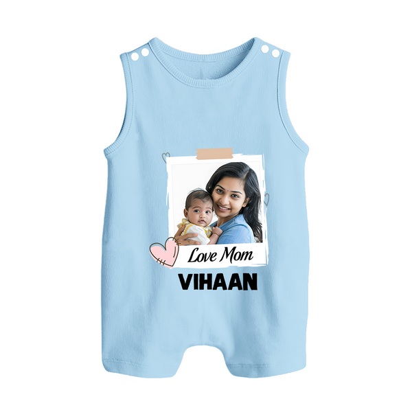 Love Mom Personalized Baby BUTTON ROMPERSet – Polaroid Style Custom Photo & Name Outfit - BABY BLUE - New Born (Chest 18")