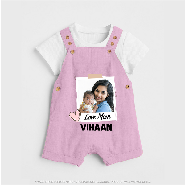 Love Mom Personalized Baby DUNGAREESet – Polaroid Style Custom Photo & Name Outfit - BABY PINK - 0 - 5 Months Old (Chest 18")