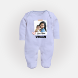 Love Mom Personalized Baby FULL BODY SUIT – Polaroid Style Custom Photo & Name Outfit - BABY BLUE - New Born (Chest 7.5")