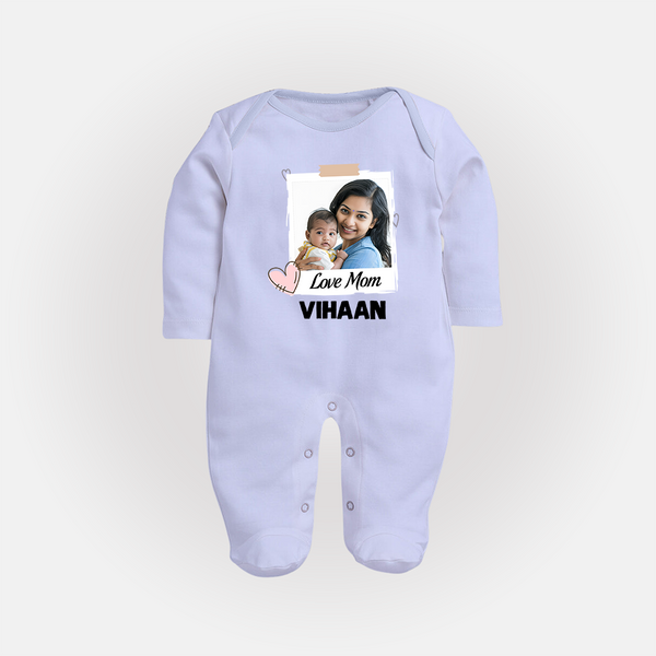 Love Mom Personalized Baby FULL BODY SUIT – Polaroid Style Custom Photo & Name Outfit - BABY BLUE - New Born (Chest 7.5")