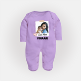 Love Mom Personalized Baby FULL BODY SUIT – Polaroid Style Custom Photo & Name Outfit - LILAC - New Born (Chest 7.5")