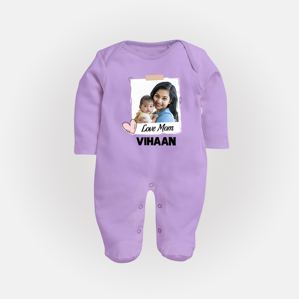 Love Mom Personalized Baby FULL BODY SUIT – Polaroid Style Custom Photo & Name Outfit - LILAC - New Born (Chest 7.5")