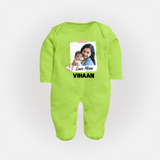 Love Mom Personalized Baby FULL BODY SUIT – Polaroid Style Custom Photo & Name Outfit - LIME GREEN - New Born (Chest 7.5")