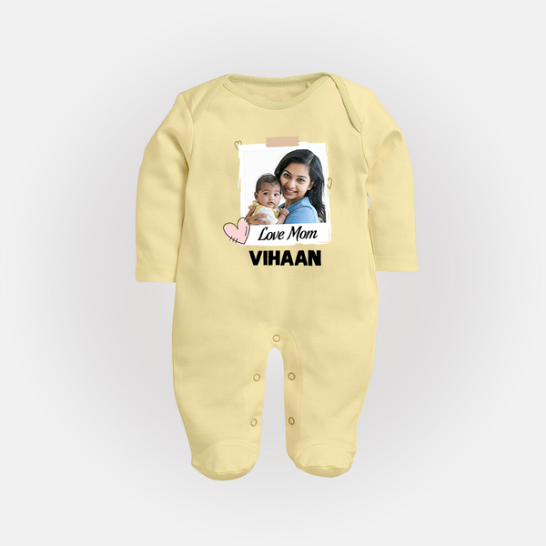 Love Mom Personalized Baby FULL BODY SUIT – Polaroid Style Custom Photo & Name Outfit - PASTEL YELLOW - New Born (Chest 7.5")