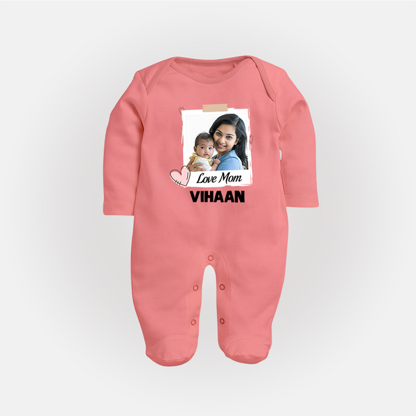 Love Mom Personalized Baby FULL BODY SUIT – Polaroid Style Custom Photo & Name Outfit - PEACH - New Born (Chest 7.5")