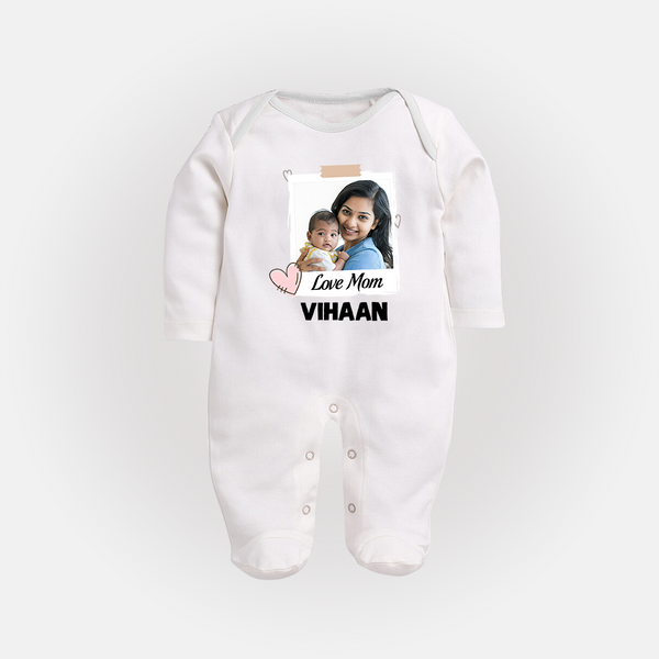 Love Mom Personalized Baby FULL BODY SUIT – Polaroid Style Custom Photo & Name Outfit - WHITE - New Born (Chest 7.5")