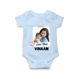 Love Mom Personalized Baby ROMPER Set – Polaroid Style Custom Photo & Name Outfit - BABY BLUE - New Born (Chest 14")