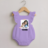 Love Mom Personalized Baby ROMPER FROCK – Polaroid Style Custom Photo & Name Outfit - LILAC - 0 - 3 Months Old (Chest 19")