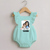 Love Mom Personalized Baby ROMPER FROCK – Polaroid Style Custom Photo & Name Outfit - MINT GREEN - 0 - 3 Months Old (Chest 19")