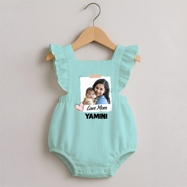 Love Mom Personalized Baby ROMPER FROCK – Polaroid Style Custom Photo & Name Outfit - MINT GREEN - 0 - 3 Months Old (Chest 19")
