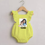 Love Mom Personalized Baby ROMPER FROCK – Polaroid Style Custom Photo & Name Outfit - PASTEL YELLOW - 0 - 3 Months Old (Chest 19")