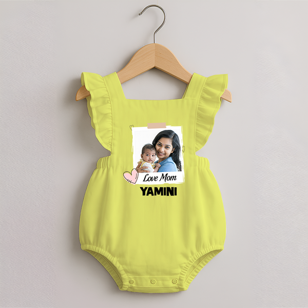 Love Mom Personalized Baby ROMPER FROCK – Polaroid Style Custom Photo & Name Outfit - PASTEL YELLOW - 0 - 3 Months Old (Chest 19")