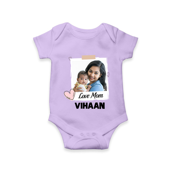 Love Mom Personalized Baby ROMPER Set – Polaroid Style Custom Photo & Name Outfit - LILAC - New Born (Chest 14")